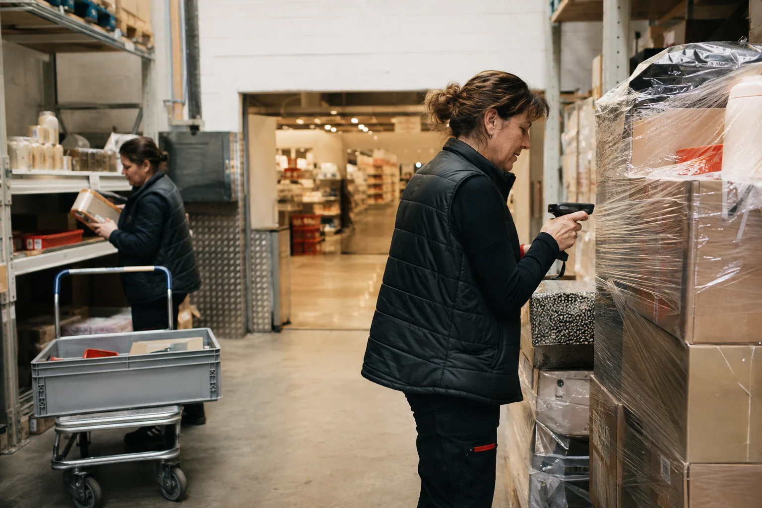 Une employée scanne une palette de marchandises