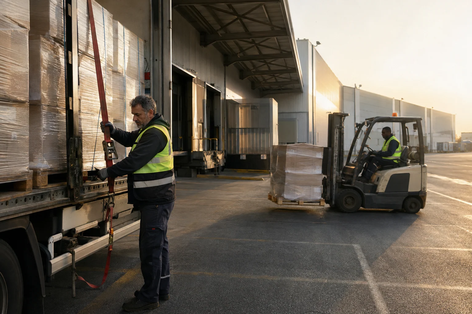 Un chauffeur sécurise un chargement sur une plateforme logistique