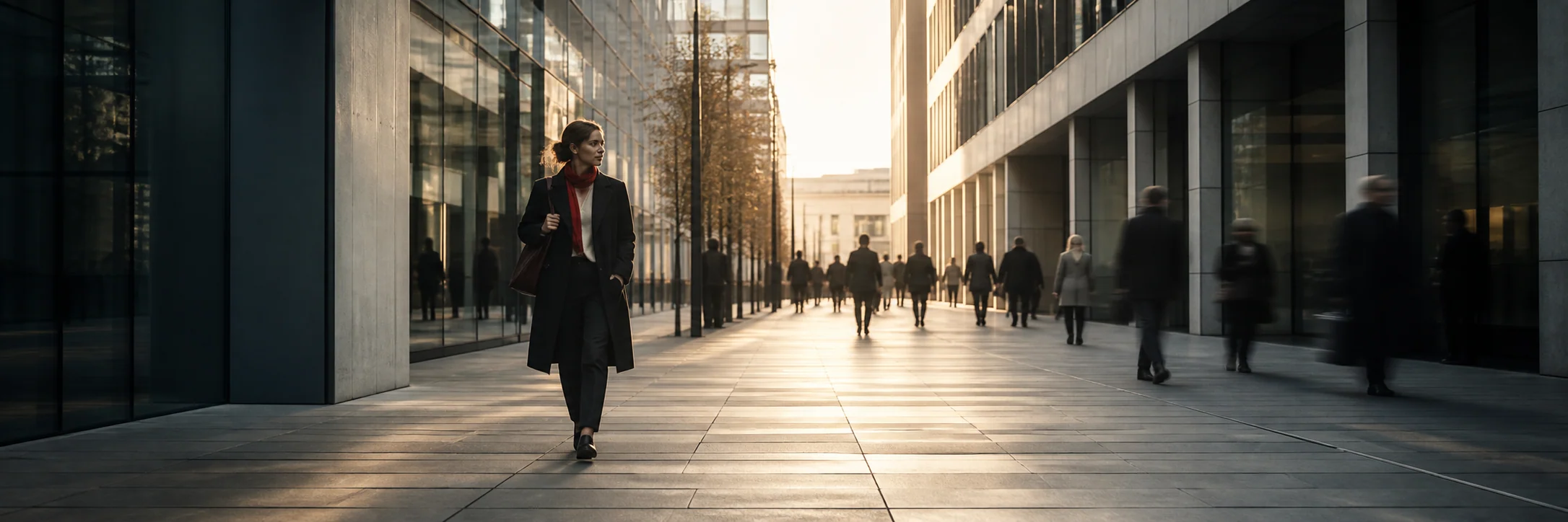 Une professionnelle avance tôt le matin dans un quartier d’affaires