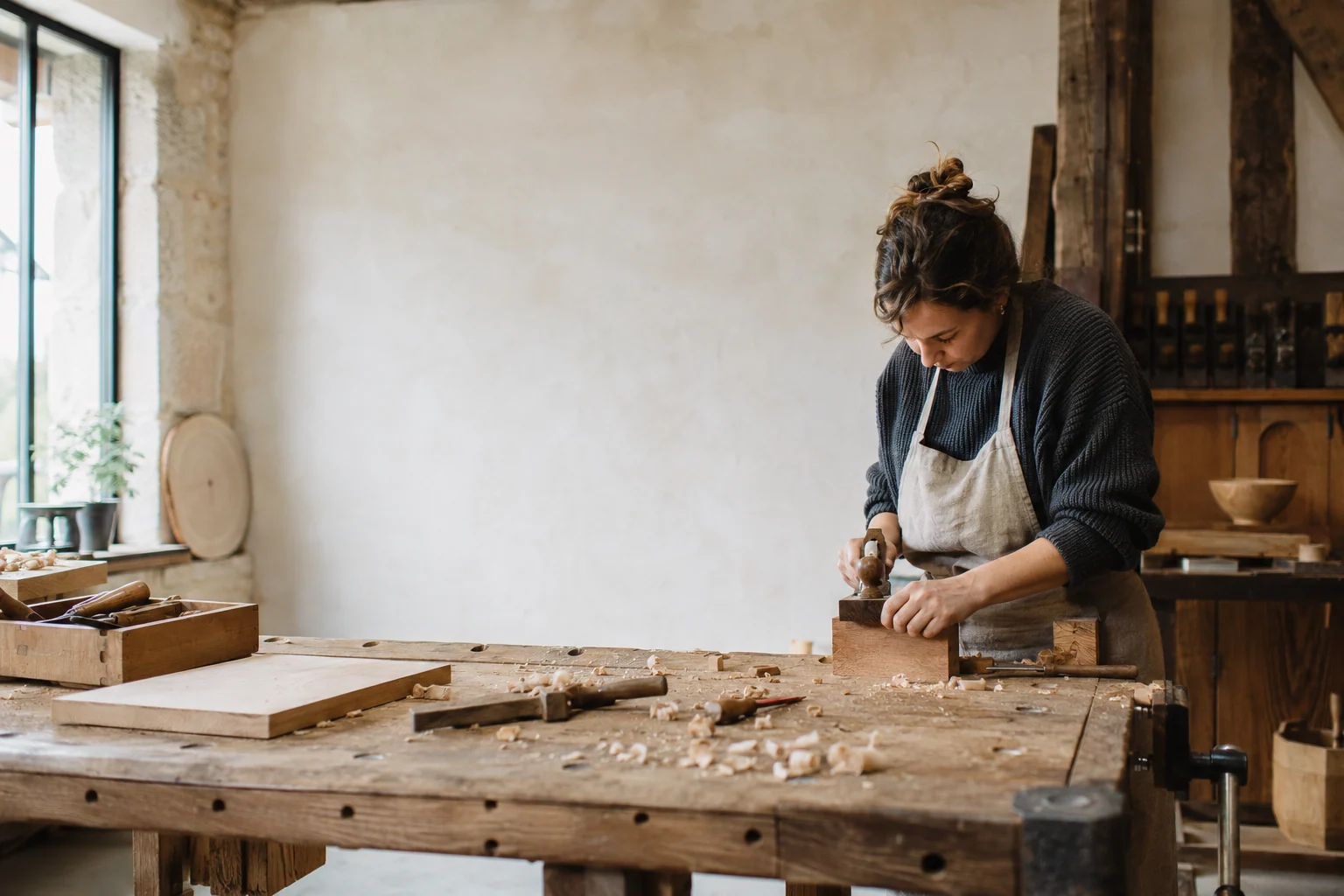 Une artisane travaille une pièce de bois à l'établi