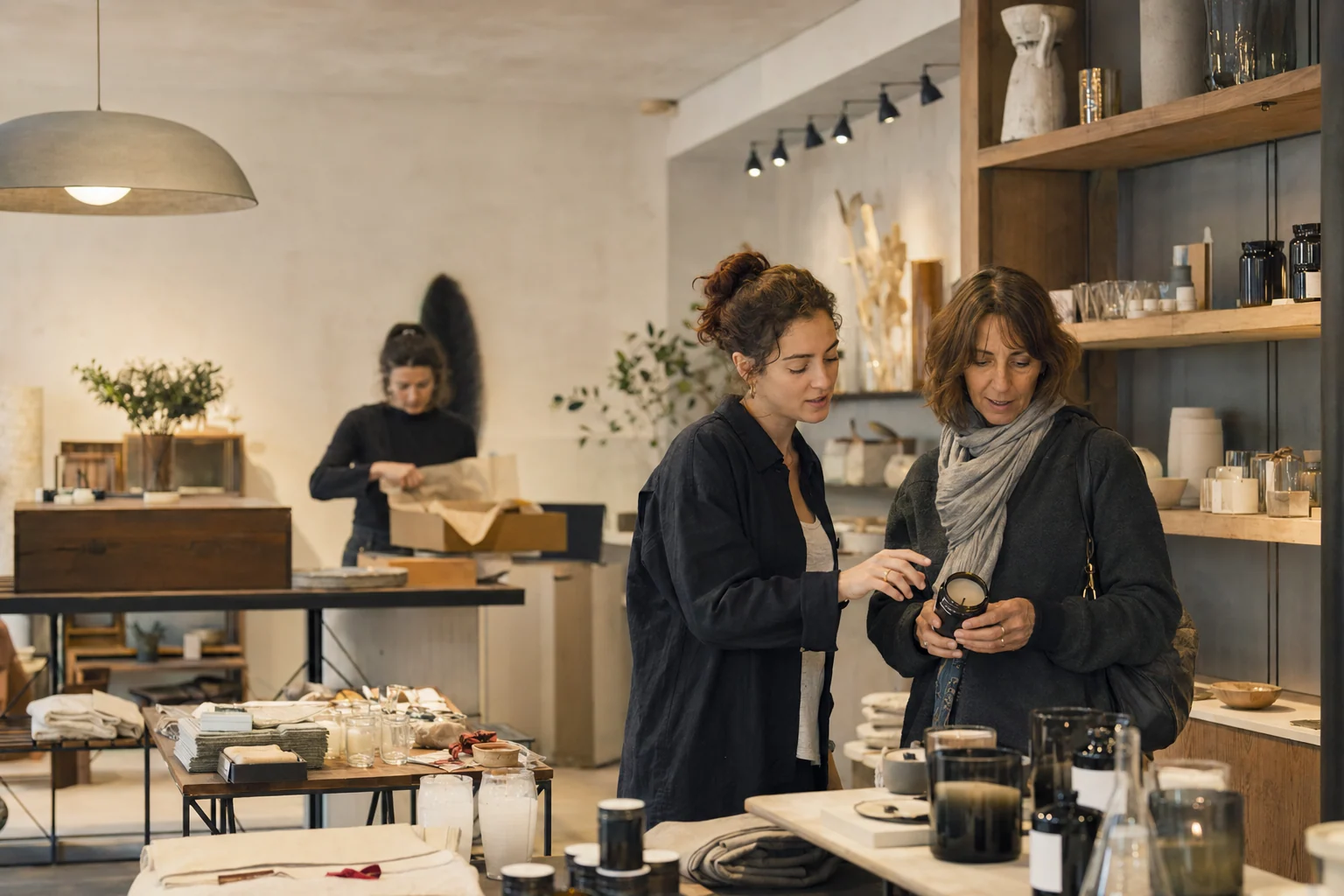 Une conseillère accompagne une cliente devant une sélection de produits