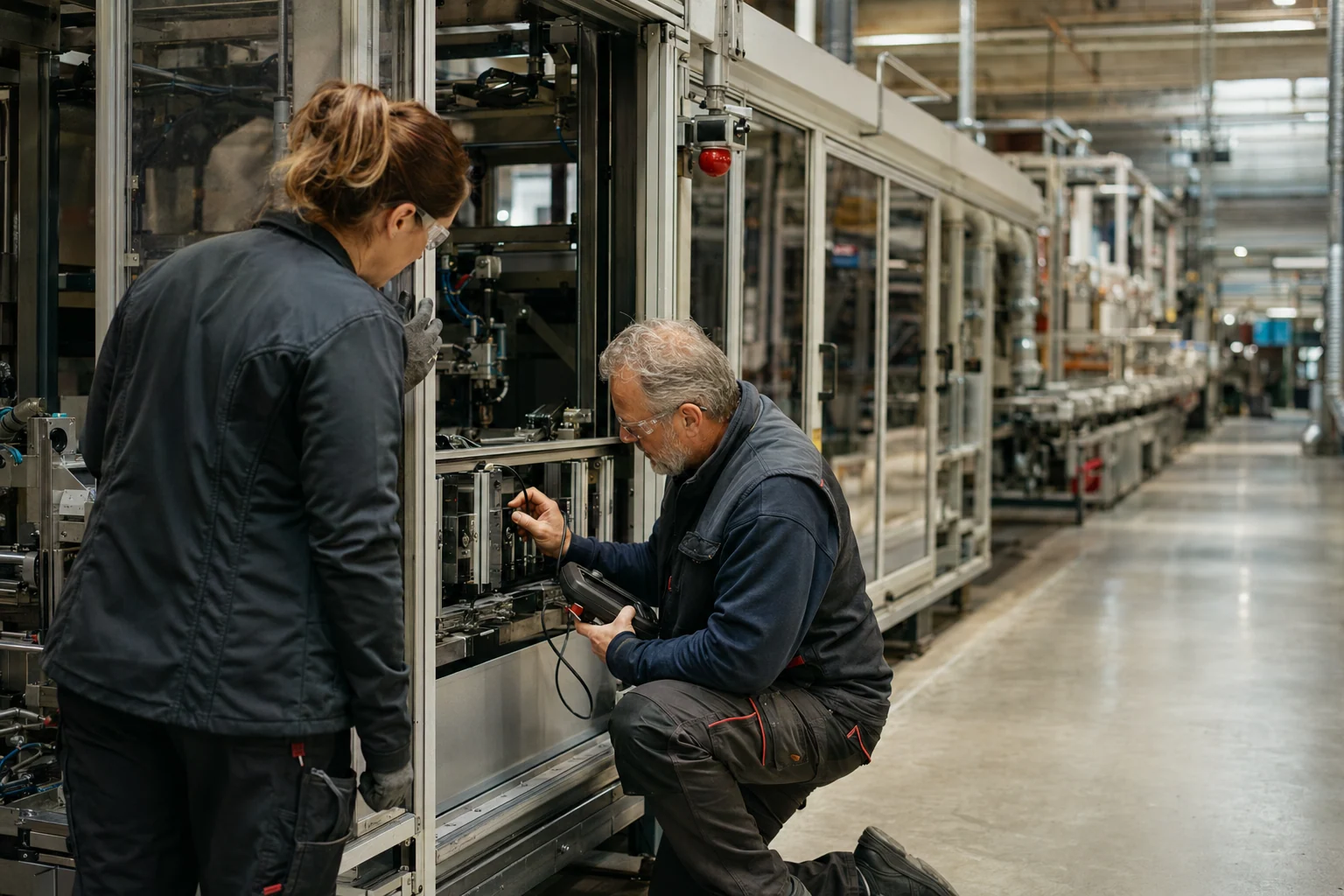 Une opératrice de production échange avec un technicien de maintenance