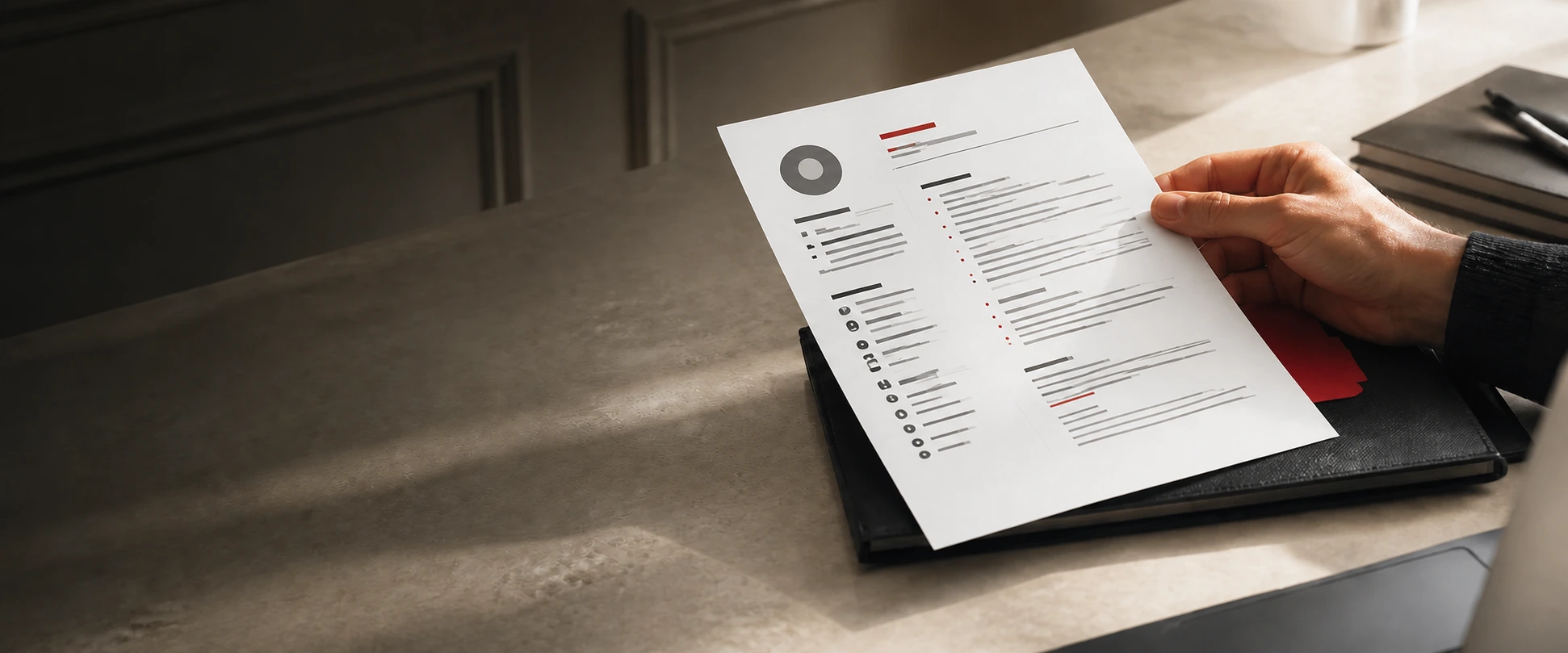 Un CV imprimé tenu au-dessus d’un portfolio dans un bureau